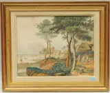 Belebte Küstenlandschaft mit Fischerdorf by Philipp Heinrich Dunker, watercolor, offered Sep 2022