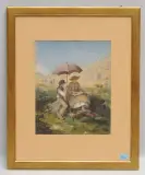 Die Malerin beim Skizzieren auf der Alp by Joseph Geisser, watercolor, sold Sep 2022