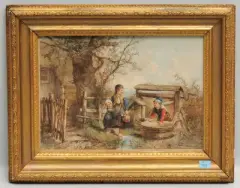 Zugeschrieben Kinder beim Wasser holen, vor dem Haus by Johan Mari ten Kate, watercolor, sold Sep 2022