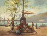 Budapester Strassenszene, im Hintergrund die Freiheitsbrücke by Antal Berkes, oil on board, offered Sep 2022