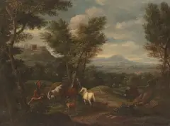Umkreis Der Hirt versucht ein aufgeregtes Pferd zu beruhigen by Pieter van Bloemen, oil on canvas, sold Sep 2022