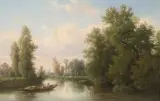 Flusslandschaft mit Boot by François Antoine Léon Fleury, oil, sold Sep 2022