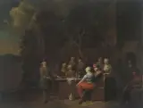 Gesellschaft vor einem Wirtshaus by Jan Baptist Lambrechts, oil on panel, sold Sep 2022