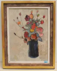 Bouquet au vase bleu by Alphonse Lanoë, oil on board, sold Sep 2022