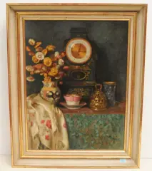 Stillleben mit Tischuhr by Karl Viktor Mayr, 1923, oil on board, sold Sep 2022