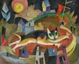 Katze über den Dächern by Eugen Cunz, oil on board, sold Sep 2022