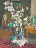 Stillleben mit Apfelblütenzweigen, 1990 by Henri Schmid, oil on canvas, sold Sep 2022