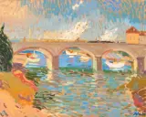 Flusslandschaft mit Brücke, 1985 by Constantin Polastri, oil on canvas, sold Sep 2022