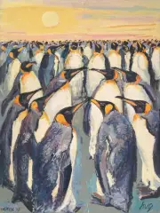 Versammelte Pinguine", 1968/77 by Fritz Hug, oil on canvas, sold Sep 2022