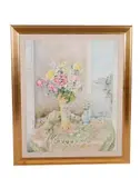 Still life "Lys et Roses" depicting flowers in a vase by a window with a view by Louis Rosan, oil on canvas, sold Sep 2025