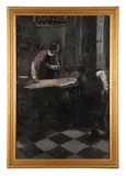 Illustration painting depicting (2) men as an arrow comes through the window by Manning Lee, oil on canvas, sold Sep 2025