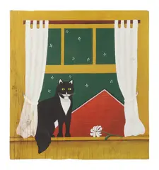 Folk Art Painting of a Cat depicting a cat in an open window by John Matassa, oil on plywood panes, sold Oct 2025