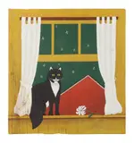 Folk Art Painting of a Cat depicting a cat in an open window by John Matassa, oil on plywood panes, sold Oct 2025