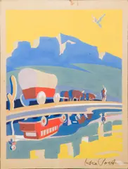 Frontier Scene with Covered Wagon by George Post, gouache on board, sold Aug 2022