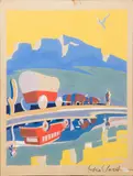 Frontier Scene with Covered Wagon by George Post, gouache on board, sold Aug 2022