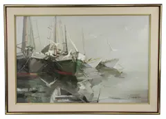 wharf in fog by Charles C Gruppe, circa 1970, oil on Masonite, sold Jun 2025