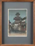 Belltower in Okayama by Kawase Hasui, woodblock print, sold May 2024