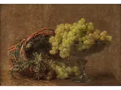 Stillleben mit Trauben in Einer Glasschale Sowie Einem Korb mit Kräutern by Henri-Théodore Fantin-Latour, 1836 Grenoble – 1904 Buré, oil on canvas, sold Jul 2020