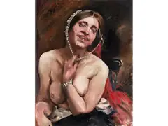 Portrait der Schauspielerin Gertrud Eysoldt als Halbakt im Sessel by Lovis Corinth, oil on canvas, sold Dec 2023