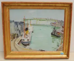 Hafen mit Frachtschiffen by Rudolf Zender, oil on panel, sold Sep 2022
