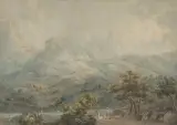 Blick von einem Flusstal auf einen Gebirgszug by Johann Jakob Laurenz Billwiller, watercolor, offered Jun 2022