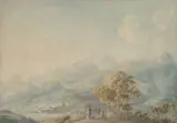 Tallandschaft mit Gebirgszug by Johann Jakob Laurenz Billwiller, watercolor, offered Jun 2022