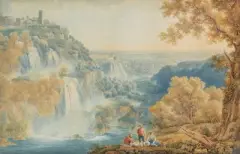 Vue Genérale des Cascatelles de Tivoli au Soleil couchant avec la plaine de Rome by Franz Keisermann, watercolor, sold Jun 2022