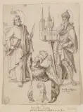 Riss zu einer Scheibe des Standes Basel mit den Heiligen Bartholomäus und Kaiser Heinrich II by Hans Jakob d.Ä. Nüscheler, pen and ink, offered Jun 2022
