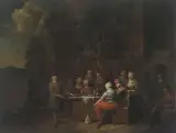 Gesellschaft vor einem Wirtshaus by Jan Baptist Lambrechts, oil on panel, offered Jun 2022