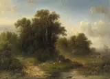 Baumbestandene Landschaft mit zwei rastenden Hirten by Frederik Hendrik Hendriks, oil on canvas, sold Jun 2022