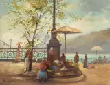 Budapester Strassenszene, im Hintergrund die Freiheitsbrücke by Antal Berkes, oil on board, offered Jun 2022