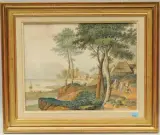 Belebte Küstenlandschaft mit Fischerdorf by Philipp Heinrich Dunker, watercolor, offered Jun 2022