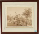 Kirchenanlage mit Turmruine auf einer Anhöhe by Genfer Schule, 1.Hälfte 19.Jh., watercolor, offered Jun 2022