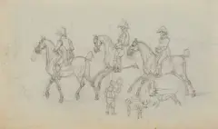 Skizzenblatt mit Offizieren zu Pferd, einem Jungen und verschiedenen Tieren by Wilhelm von Kobell, pencil, sold Jun 2022