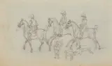 Skizzenblatt mit Offizieren zu Pferd, einem Jungen und verschiedenen Tieren by Wilhelm von Kobell, pencil, sold Jun 2022