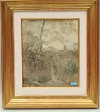 Baumbestandene Landschaf tmit kleinem Wasserfall und einem Jäger mit Hund by Daniel Lafond, watercolor, sold Jun 2022