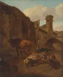 Umkreis Vieh vor einem Bauernhof by Nicolaes Pieterszoon Berchem, oil on panel, offered Jun 2022