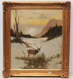 Hirsch in einer Winterlandschaft by Georg Berger, oil on canvas, offered Jun 2022