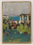 Elegante Damen, die sich auf einen Spaziergang mit Eseln vorbereiten, im Hintergrund Blick auf den Golf von Neapel by Quintana Olleras, oil on panel, sold Jun 2022