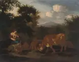 Umkreis Rastende Hirtin mit ihrer Herde by Adriaen van de Velde, oil on panel, sold Jun 2022