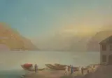 Aussicht von Brunnen über den Vierwaldstättersee nach der Tells Capelle / Nach der Natur gez by Bleuler, Johann Heinrich Ii., gouache, sold Jun 2022