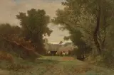 Hirte mit seiner Herde in baumbestandener Landschaft by Gustave Castan, oil on canvas, offered Jun 2022