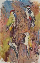 Vier Spechte by Fritz Hug, oil on canvas, sold Jun 2022