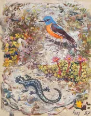 Steinrötel und Salamander, 1987 by Fritz Hug, oil on canvas, sold Jun 2022