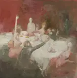 In der Taverne, 1970 by Otto Bachmann, oil on panel, sold Jun 2022