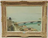 Zürich, Blick auf die Quaibrücke gegen den See by Fritz Hug, oil on board, sold Jun 2022