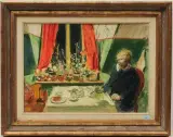 Am Frühstückstisch by Martin Lauterburg, oil on canvas, offered Jun 2022