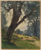 Waldlichtung mit Blick auf einen See, 1907 by Auguste Tavel, oil on canvas, sold Jun 2022