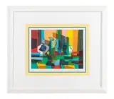Still Life with Wine and Grapes by Marcel Mouly, lithograph,depicting an abstract still life with a wine glass, sold Oct 2023