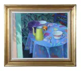 Still life "Matin" depicting a table with a yellow coffee pot and an orange by William Michaut, oil on canvas, sold Dec 2025